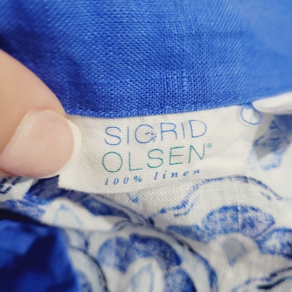 Sigrid Olsen Womens XL 100% Linen Tunic Top Blue White Pattern V-Neck 3/4 Sleeve - Picture 10 of 12